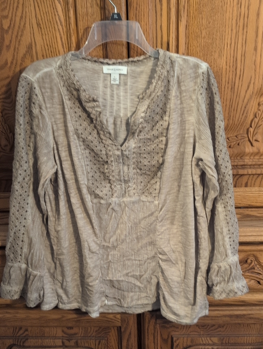 Vintage America Taupe Eyelet-Trim Long Sleeve Tunic